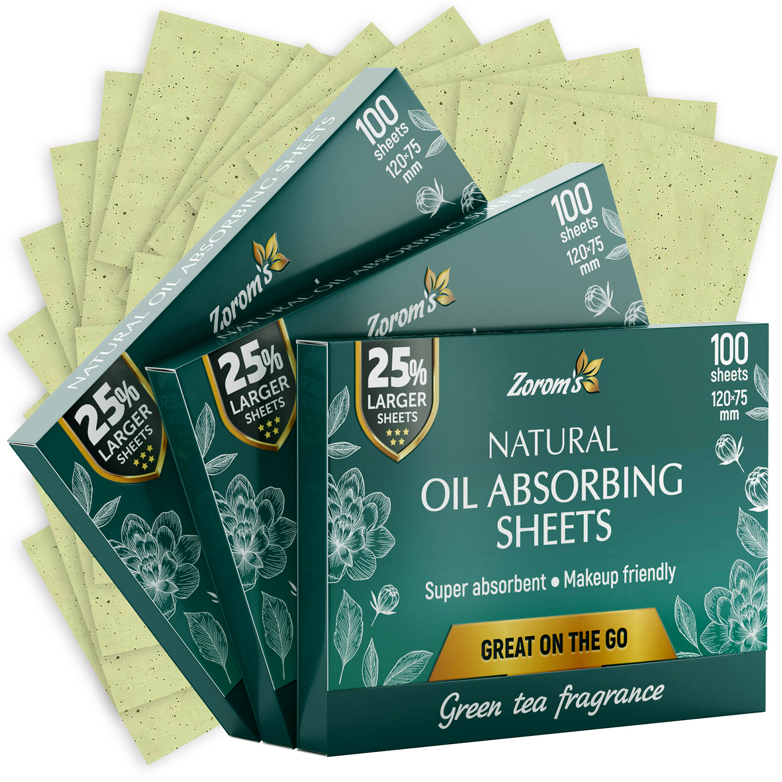 Natural Green Tea Blotting Paper for Oily Skin 25Larger Sheets (4.7×3”) 300 Oil Blotting